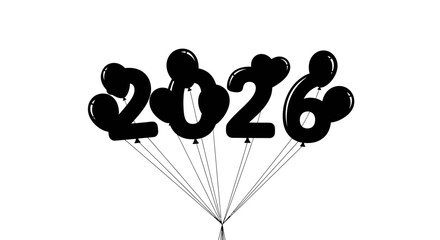 Black balloons forming the year 2026 on a white background.