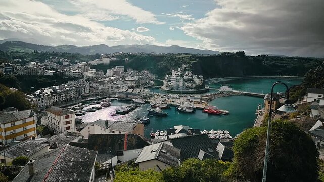 slow motion Beautiful high angle view of Luarca port in Spain