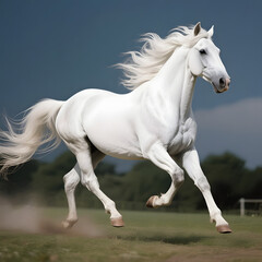 Obraz premium White horse running gracefully across a field under a blue sky 