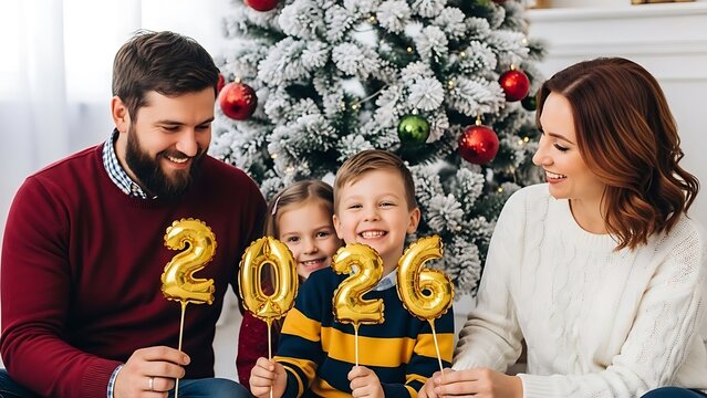 Happy Family Celebrating New Year 2026 at Home