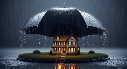 A detailed miniature house, with warm light glowing from its windows, sits on a small patch of grass, protected by a massive black umbrella during a severe rainstorm.