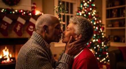 Elderly African American couple sharing a romantic kiss under mistletoe, surrounded by festive decorations and a glowing Christmas tree, capturing the essence of holiday love and warmth