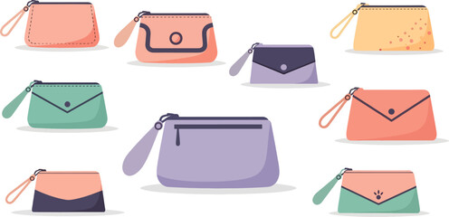 Colorful Pouch Collection in Pastel Shades on White Background