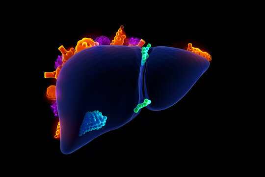 Abstract 3d rendering of a dark blue liver organ with colorful cellular structures and molecules attached - Powered by Adobe