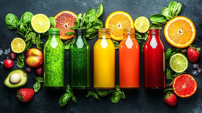 Vibrant array of healthy detox drinks with fresh fruits and vegetables. - Powered by Adobe