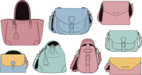 Collection of pastel colored handbags and purses in various styles