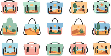 Colorful Desert Landscape Briefcases Set with Cacti and Sun in Bright Vivid Style