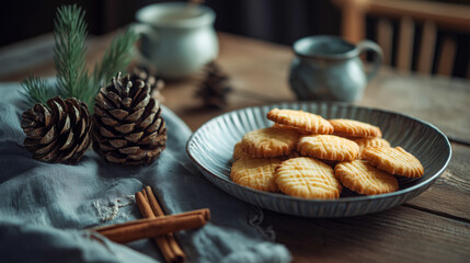 A plate of cookies sits on a table with pine cones and a mug of tea