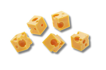 Bright yellow Swiss cheese cubes featuring characteristic holes.