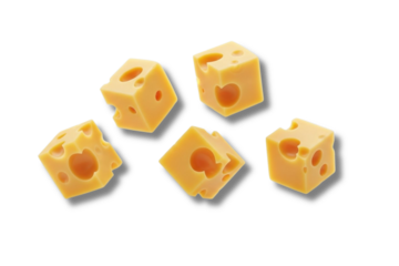 Bright yellow Swiss cheese cubes featuring characteristic holes.