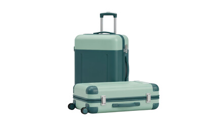 Fototapeta premium Two modern hardshell suitcases, one upright and one lying down, featuring a stylish twotone design in mint green and dark teal, isolated on transparent background