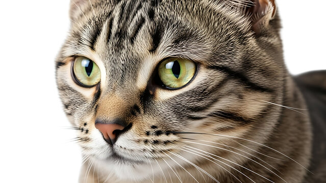 Close up of a tabby cat with green eyes and a pink nose looking to the left of the frame on a white background - Powered by Adobe