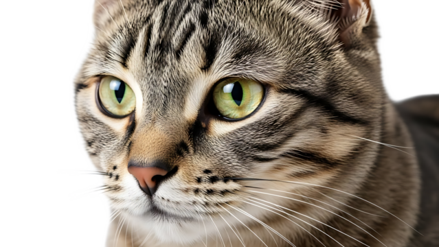 Close up of a tabby cat with green eyes and a pink nose looking to the left of the frame on a white background
