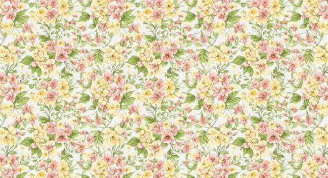 Delicate pastel floral pattern with small blooming flowers and leafy accents suitable for fabric