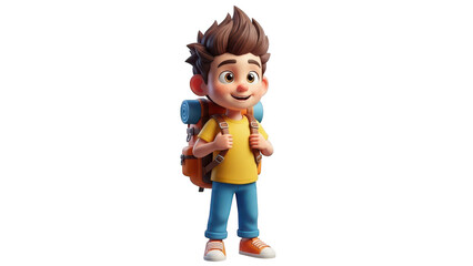Cute 3d cartoon boy character with spiky brown hair wearing a yellow shirt blue pants and a backpack ready for adventure isolated on transparent background