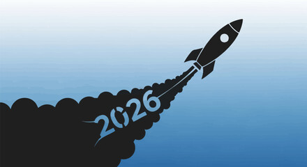 Rocket launching with smoke trail forming the year 2026.
