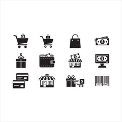 Shopping Icons Silhouette | Cart, Trolley, Wallet, Card, Store, Money, Gift, Delivery & Barcode Vector Set