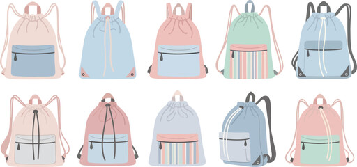 Set of Colorful Drawstring Backpacks in Pastel and Bright Shades for School and Travel