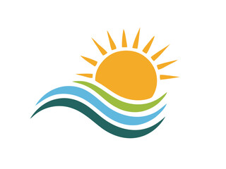 Abstract Sun and Waves Logo Coastal and Natural Imagery Representing Energy and Serenity