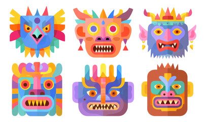 Naklejka premium Colorful Masks Inspired by Hindu Mythology with Isolated Transparent Background