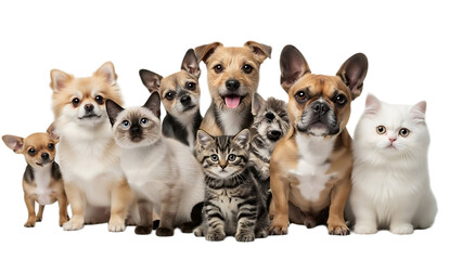 Obraz premium A group of various breeds of dogs and cats are sitting together on a black background looking forward