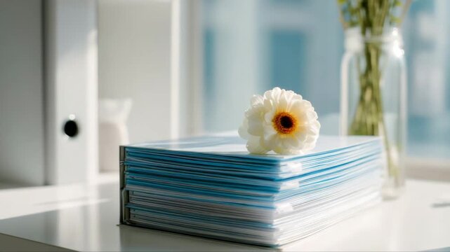 Bright flower atop organized stack of blue and white folders, captured with a smooth dolly movement, showcasing serene workspace ambiance and natural light