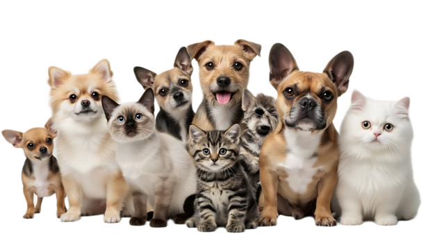 A group of various breeds of dogs and cats are sitting together on a black background looking forward