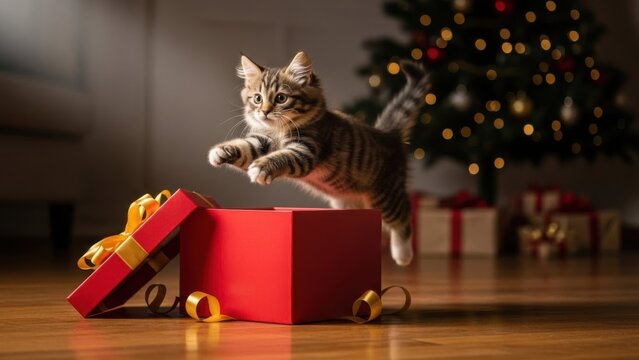 abby kitten leaping over red gift box with golden ribbon on blurred Christmas tree background &mdash; ideal for holiday, pet and celebration content.