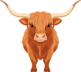 Simple Cartoon Illustration of a Brown Highland Cattle with Long Horns
