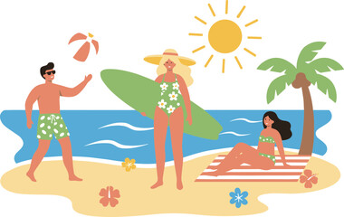 Flat Illustration of Summer Beach Holiday with People and Palm Tree