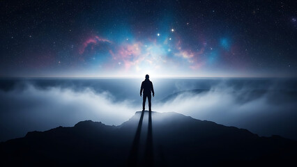A silhouette facing a glowing cosmic horizon.