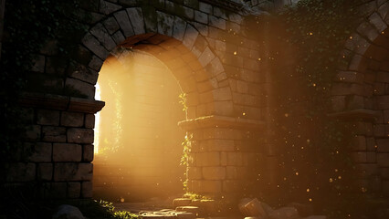 A beam of divine-like light entering an ancient stone hall.