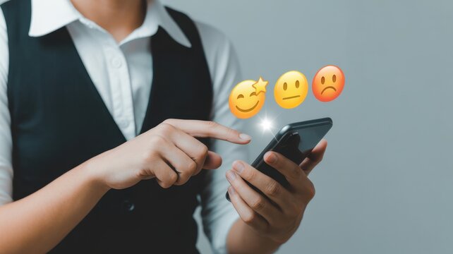 Digital Sentiments: A person interacting with a smartphone, emotions such as happy, surprise, and sadness are displayed as digital emojis. representing the user experience.