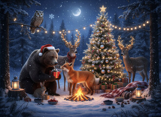 animals on a snowy night with a Christmas tree and decoration illustration vector for a holiday celebration cardSanta Claus and his dog on a snowy night with a Christmas tree and decor