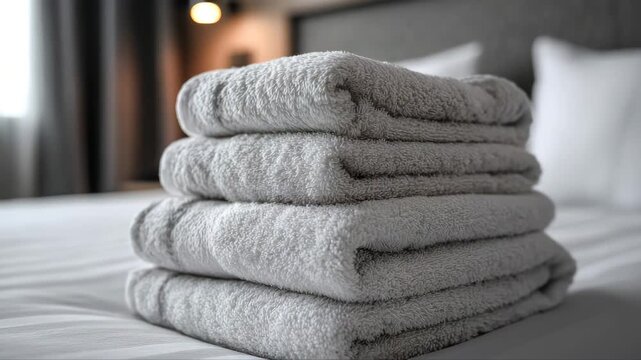 Soft gray towels stacked neatly on a hotel bed, showcasing texture and comfort, with a gradual zoom in to emphasize the luxurious fabric and inviting atmosphere