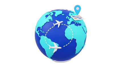 Fototapeta premium 3d rendering of a blue globe with airplane travel route and location pin, isolated on transparent background