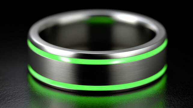 Modern metallic ring with glowing neon green accents on black.