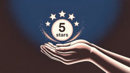 Elevated Service: A pair of hands tenderly cradles a gleaming symbol of exceptional service - a radiant five-star emblem signifying excellence and stellar performance. 