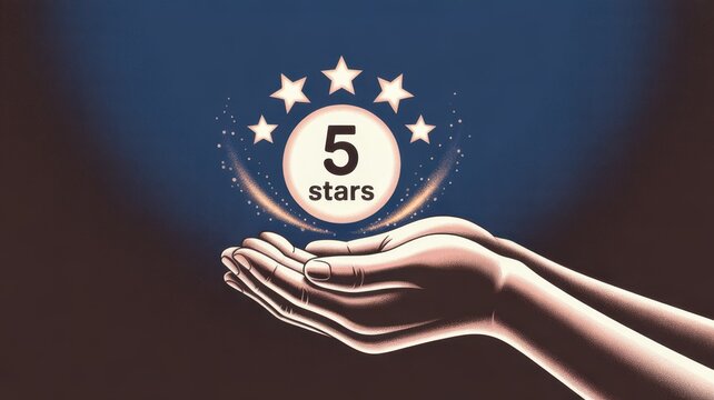 Elevated Service: A pair of hands tenderly cradles a gleaming symbol of exceptional service - a radiant five-star emblem signifying excellence and stellar performance. 