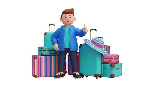 Cheerful 3d character giving thumbs up standing next to a large stack of colorful travel suitcase luggage isolated on transparent background
