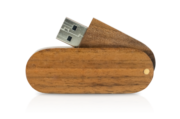 A swivel USB flash drive made of natural wood. The top rotating cover is flipped up, revealing the metal connector.