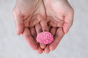 Hands hold model of brain close-up. Healthcare concept