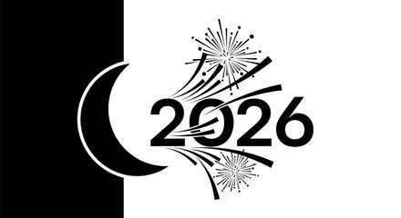 A black and white image with a crescent moon and the year 2026 with fireworks.