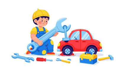 A young boy dressed as a mechanic uses a large wrench to repair a small red toy car with a flat tire, isolated on a white background