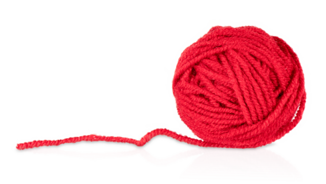 A ball of red yarn on a white background.