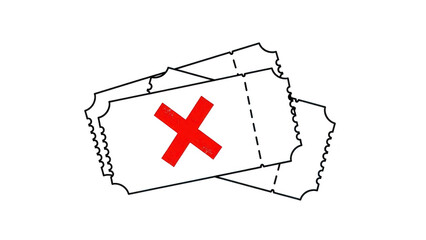 Two outline tickets with a large red cross mark symbol indicating cancellation, rejection, or invalid entry, isolated on transparent background