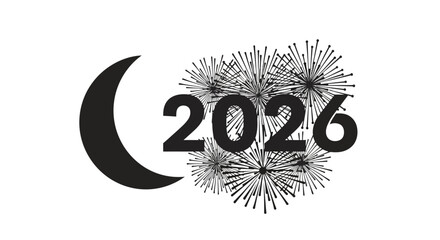 A graphic design featuring a crescent moon and the year 2026 with a burst of fireworks.