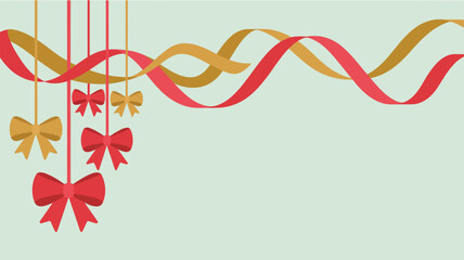 Ribbons and bows hanging down with a wavy ribbon banner across the top of a light background