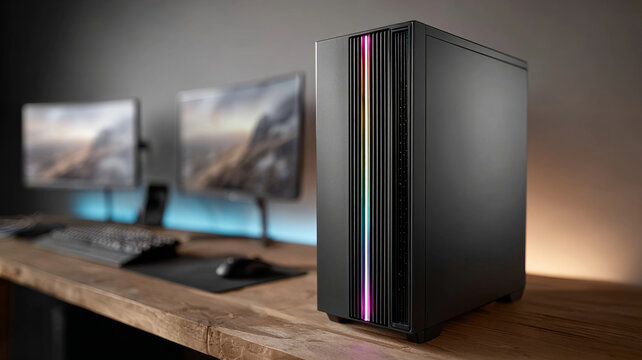 Modern gaming PC with RGB lights on a stylish workspace. - Powered by Adobe