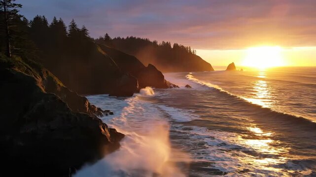 Golden sunset over coastal cliffs and crashing ocean waves